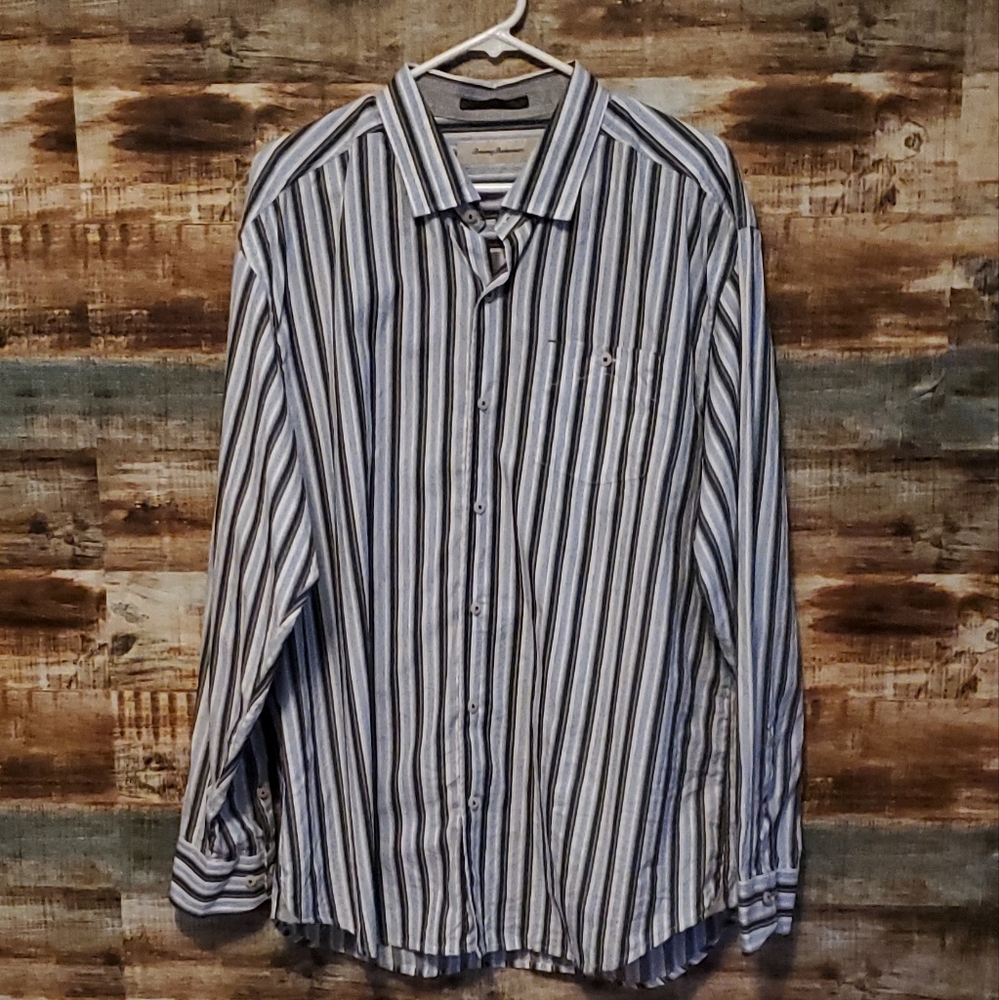 Tommy Bahama Men XL Blue White Brown Vertical Striped Long Sleeve Button Down